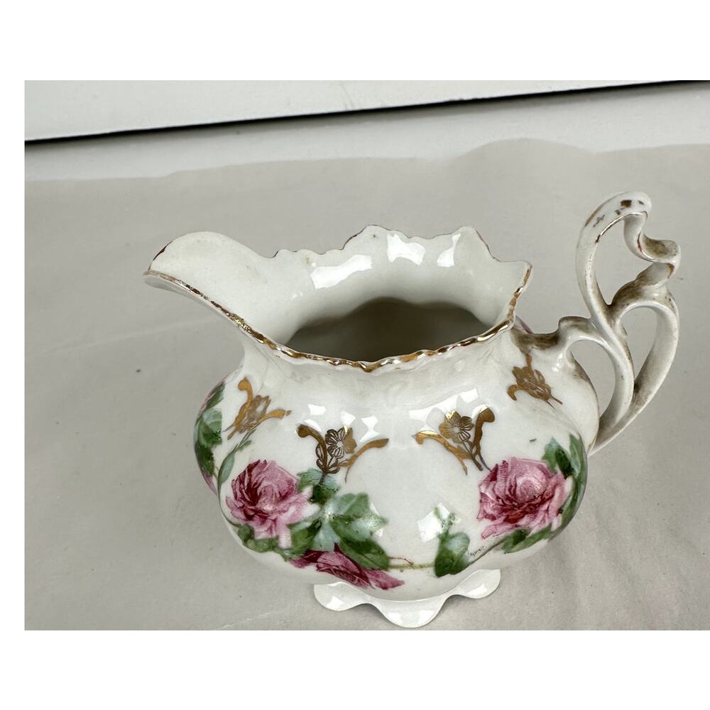 Austria M.Z. Creamer Only Cabbage Roses Ornate Handle Imprinted Logo 4.5 ins.